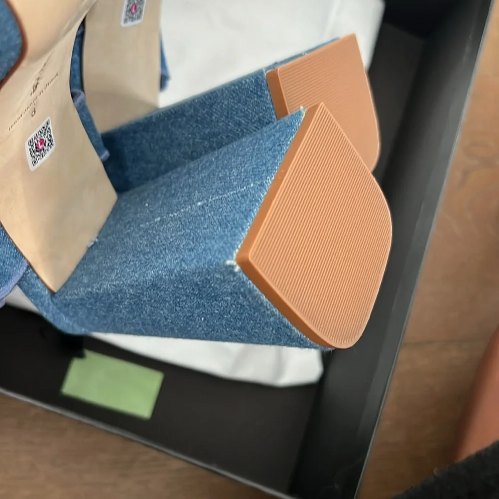 NEW Larroude Dolly Broderie Platform Sandal Blue Stoned Denim NWB - Picture 9 of 10